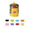 A yellow foldable mesh drawstring backpack filled with colourful balls, featuring a front pocket and a logo.
