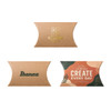 A small brown kraft pillow box featuring various designs and logos in gold and green on its surface.