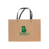 A small brown paper bag with a knitted handle and a logo printed on the front.