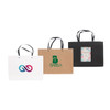 Three small crosswise paper bags with knitted handles in white, brown, and black, featuring different logos and designs.