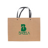 A large brown paper bag with a knitted black handle and a logo on the front.