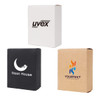 A collection of small square gift boxes in white, black, and brown, featuring various logos.