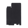 A small square black gift box with a flap design, featuring a simple logo on its surface.