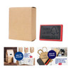 A small square gift box in brown, accompanied by a red stamp. The box is empty and features a logo.