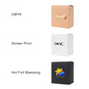 Three medium square gift boxes in kraft, white, and black, showcasing different printing techniques and a logo on one.