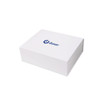 A large white foldable magnetic box featuring a logo on the lid. The box is elegantly designed for packaging.
