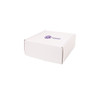 A large white shipper box with a logo printed on the lid.