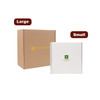 A large brown shipping box and a small white shipping box, both featuring logos.