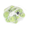 A mesh produce bag filled with green apples, featuring a drawstring closure and a small logo tag.