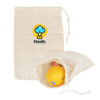 A small cotton produce bag in cream, with an illustrated logo, contained within are assorted fruits.