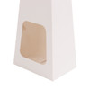 A trapezoidal white box featuring a transparent window, showcasing its interior. It includes a logo.