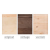 Three wooden panels displayed in original, vintage, and varnish finishes, showcasing different wood tones and textures.