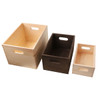 A wooden storage box set featuring three boxes in light and dark wood tones with handles.