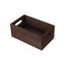 A small brown wooden storage box with cut-out handles, featuring a smooth, natural finish.