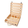 A wooden wine box in light timber, featuring four compartments and a sturdy rope handle. It has a hinged lid and metal closures.