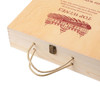 A wooden box with a natural finish, featuring a logo and a handle for carrying. Suitable for holding four bottles of wine.