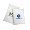 Two white biodegradable mailer bags of varying sizes, featuring colourful logos on the front.