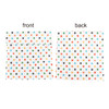 A reusable food pouch with a Velcro closure, featuring a polka dot pattern in various colours on both sides.