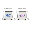 Clear PVC drawstring bag in transparent with black corners, featuring two different prints. One has a blue logo, the other a purple design.