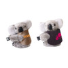 A cute grey plush koala toy with a coloured fabric pouch, featuring a logo. It has white ears and a friendly expression.