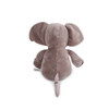 A grey plush elephant toy with large ears and a small tail, featuring a soft texture and a label.
