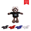 A brown raccoon plush toy wearing a black shirt, accompanied by various coloured optional custom T-shirts.