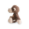 A brown monkey plush toy with light tan accents, featuring a logo on its side.