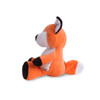 An orange and white fox plush toy with black accents, sitting upright. It has a small branding tag attached.