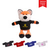 A fluffy orange and white fox plush toy wearing a black T-shirt with a logo, alongside various shirt options.