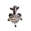A plush toy zebra featuring black and white stripes with oversized ears and a tufted tail. It has a small logo.