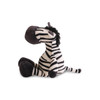 A plush zebra toy featuring black and white stripes, with a soft body and dark paws. Includes a branding logo.