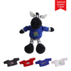 A zebra plush toy with black and white stripes, wearing a blue custom T-shirt. Multiple additional shirt colours are displayed below.