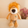 A plush lion toy with a soft orange mane and a light brown body, featuring a small logo on its chest.