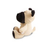 A beige and black dog plush toy sits upright, featuring a friendly expression and soft texture.