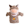 A plush tiger hand puppet with striped fabric and a smiling face, featuring a logo on the front.