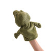 A green crocodile hand puppet made of soft material, designed for fun and interactive play.