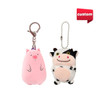 Two custom animal keyrings, featuring a pink pig and a cow, with metal clasps and a ball chain.
