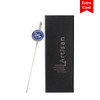 A metal bookmark with a circular top and a sleek silver finish, presented in a black box. It has a branding logo.