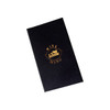 A black menu folder with a gold logo, designed for wine listings. It has a sleek, elegant appearance.