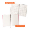 A5 full colour notebook featuring a pink cardboard cover, lined pages, and a monthly calendar layout.