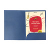 A navy A4 presentation folder with a logo and a promotional insert featuring a discount offer and illustrations.