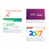 A desk calendar featuring vibrant designs for January 2027, with double-sided printing and a spiral binding.