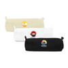 Three canvas pencil cases in cream, white, and black, each featuring a logo or design on the front.