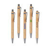 A collection of eco bamboo pens featuring a wooden body and a metallic clip, with various logos displayed.