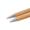 A pair of Eco Bamboo Pens with silver accents and a natural bamboo finish. Features a logo on the barrel.