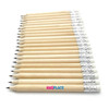 A set of short grey-lead pencils with erasers, featuring natural wooden bodies and silver ferrules.