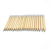 A row of short grey-lead pencils with erasers, featuring a natural wood finish. They are unsharpened and uniform in size.