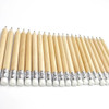 A collection of short grey-lead pencils with silver ferrules and white erasers, arranged in a row on a white background.