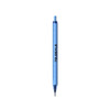 A blue pen featuring a ruler along the barrel and a logo, designed for writing.