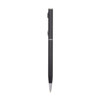 A sleek black aluminium cross pen with a silver clip and tip. It features a minimalist design and has branding.